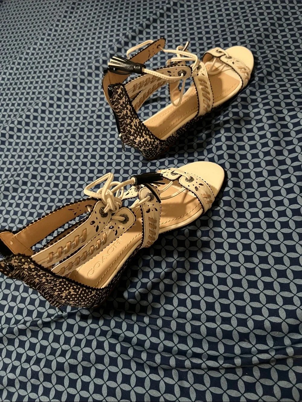Coach Two-Tone Espadrille Wedge Sandals in Beige and Black